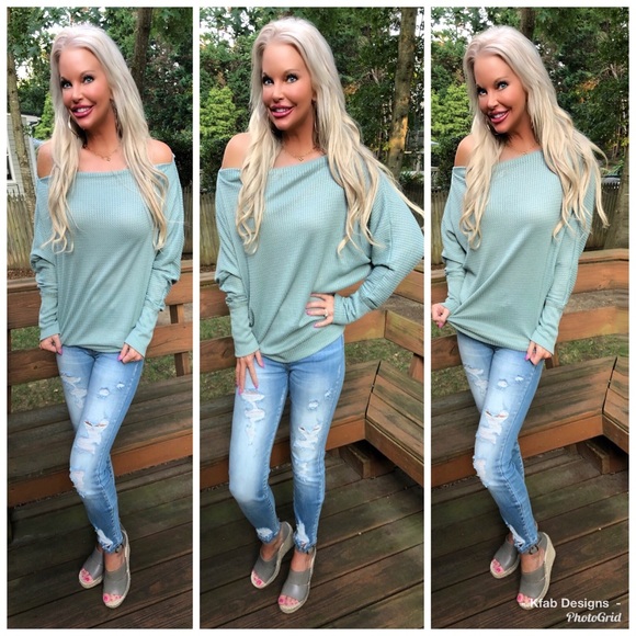 🛍LAST 1! Waffle Knit Off Shoulder Dolman Top - Picture 5 of 6